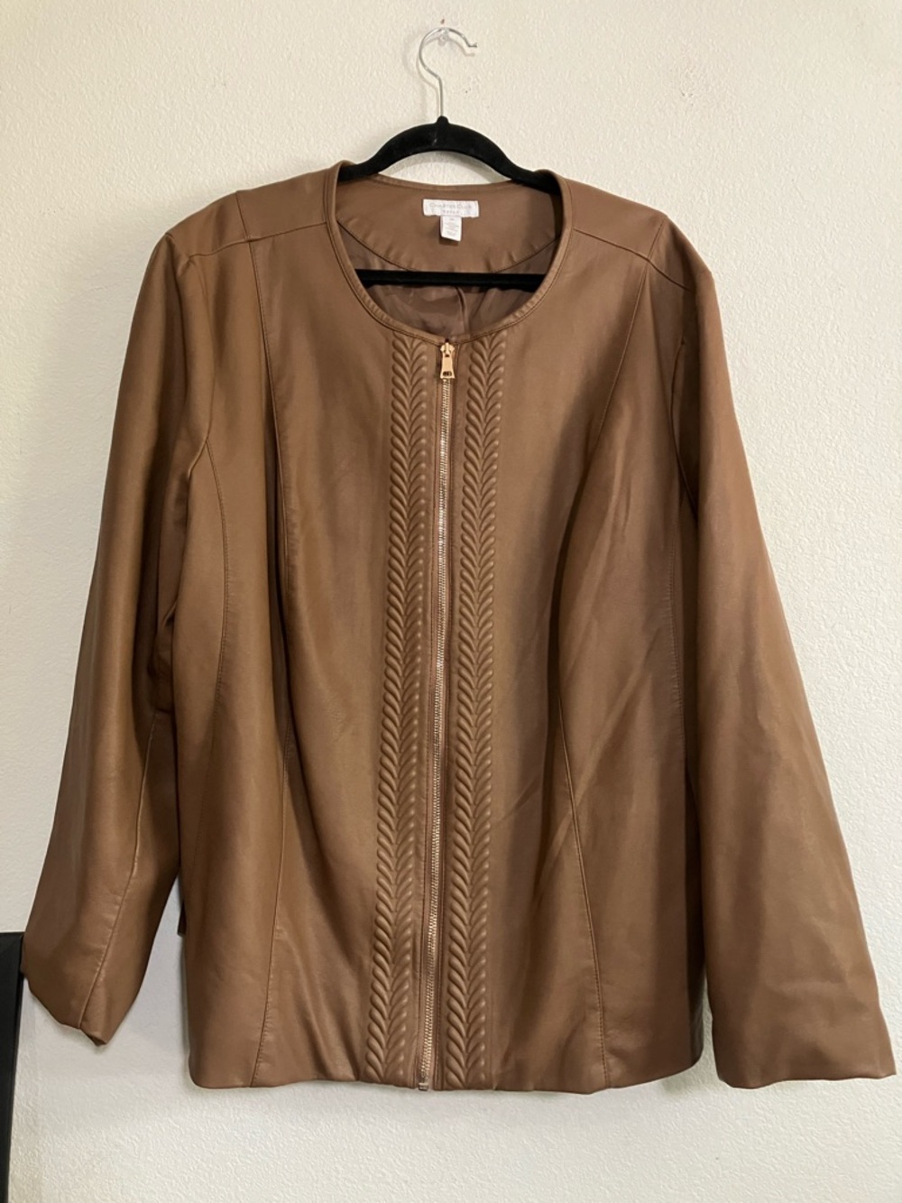 Charter Club Brown Leather Zip Jacket with Braided Front